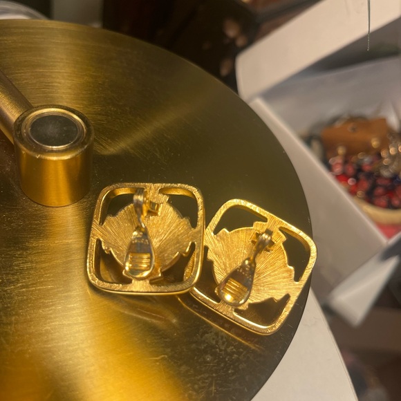 Vintage Monet Gold-Tone Clip-On Earrings with Pearl Accent - Picture 2 of 3